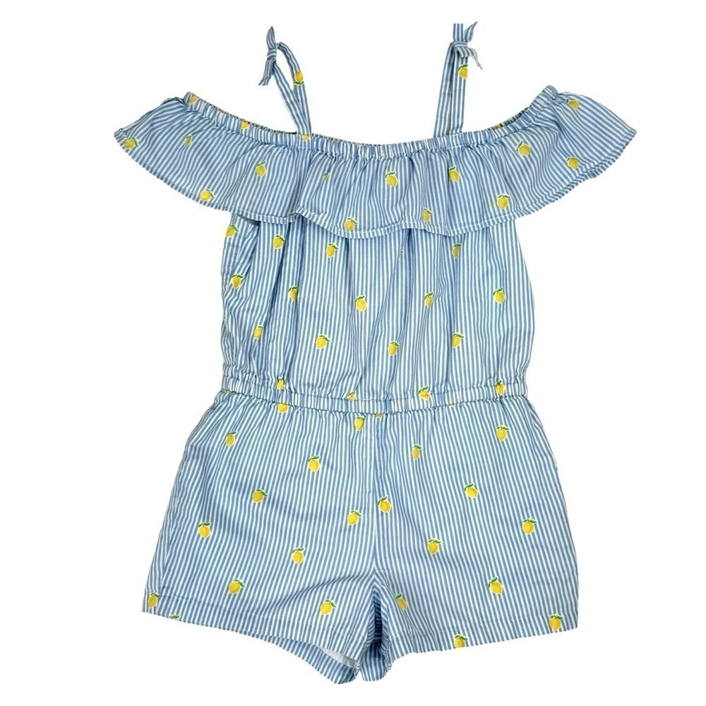 Janie & Jack Girls‎ Romper 4T/5T Blue Stripe Lemon Ruffle Beach Vacation Cotton